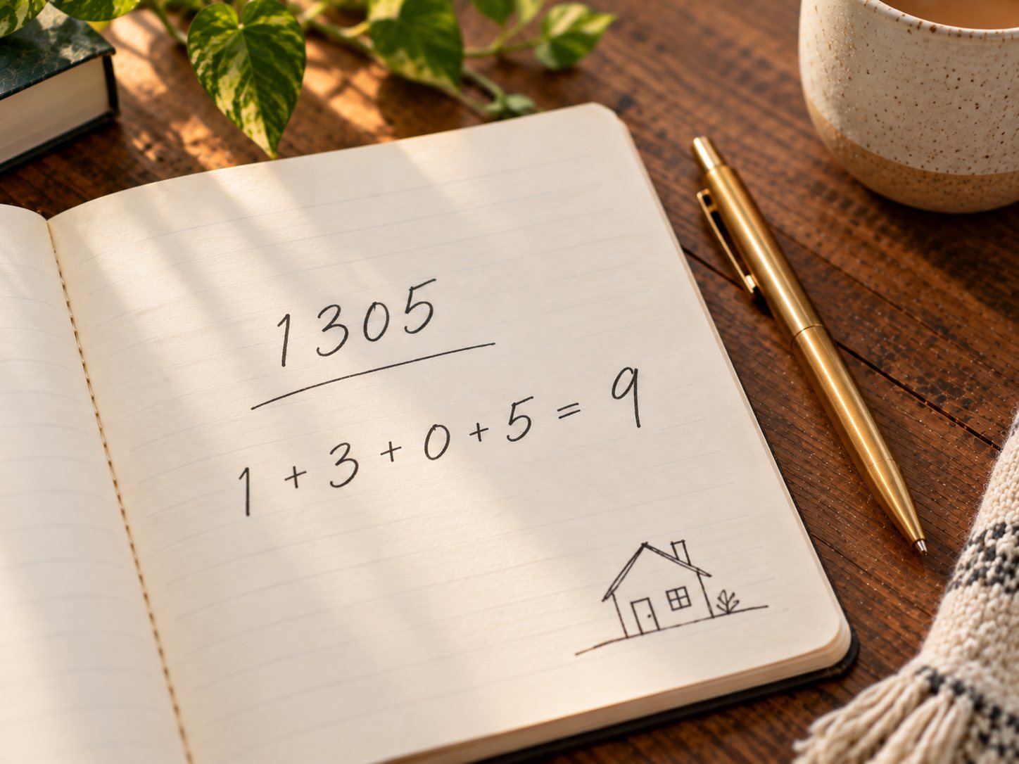 An open notebook shows the address 1305 calculated to 9: 1 + 3 + 0 + 5 = 9, beside a gold pen and a cup of coffee